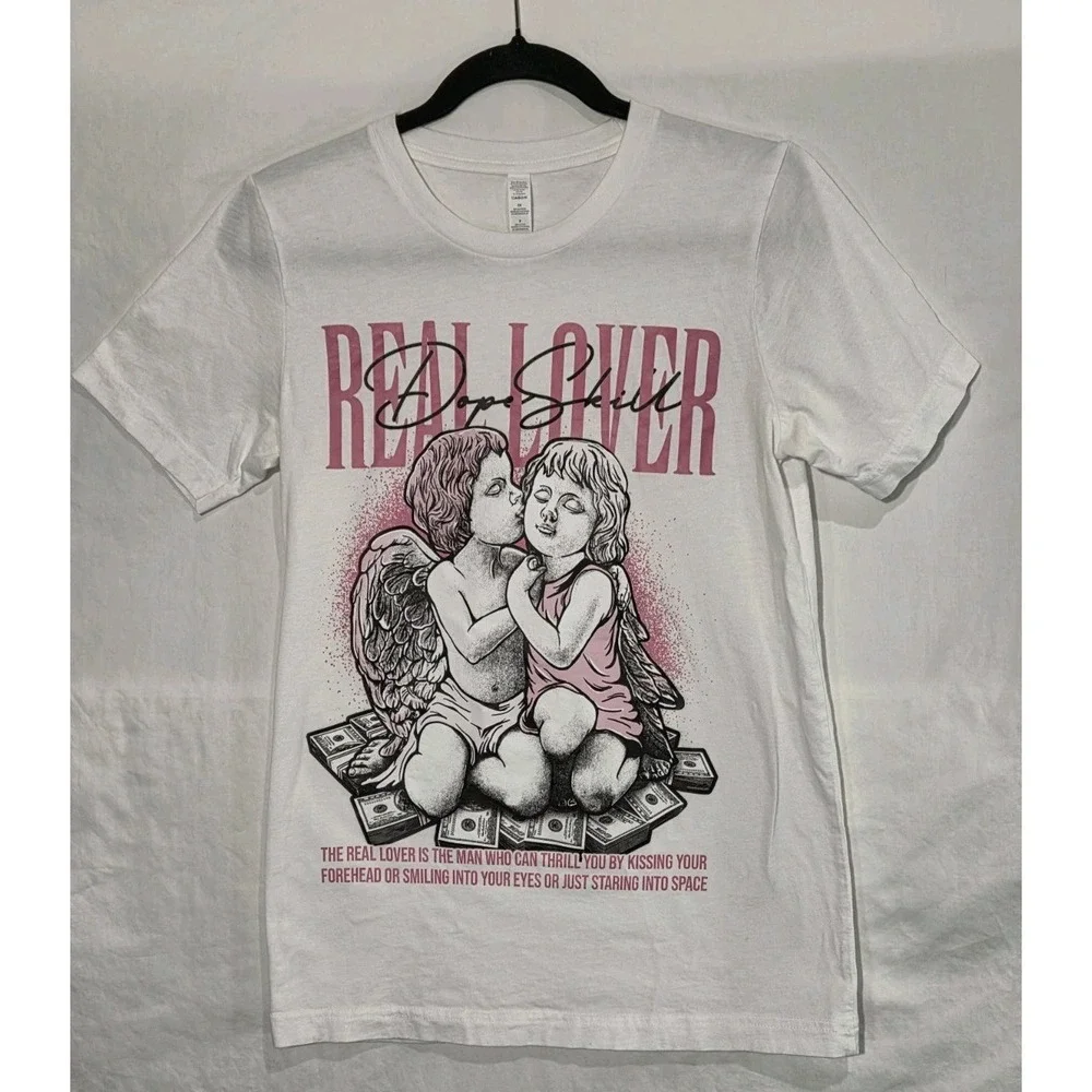 Dope Skill Real‎ Lover T-Shirt Mens Small White Graphic Cherub Money Streetwear